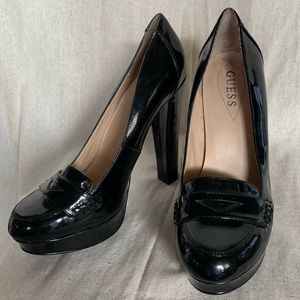 GUESS Black Patent Leather Platform Penny Loafers